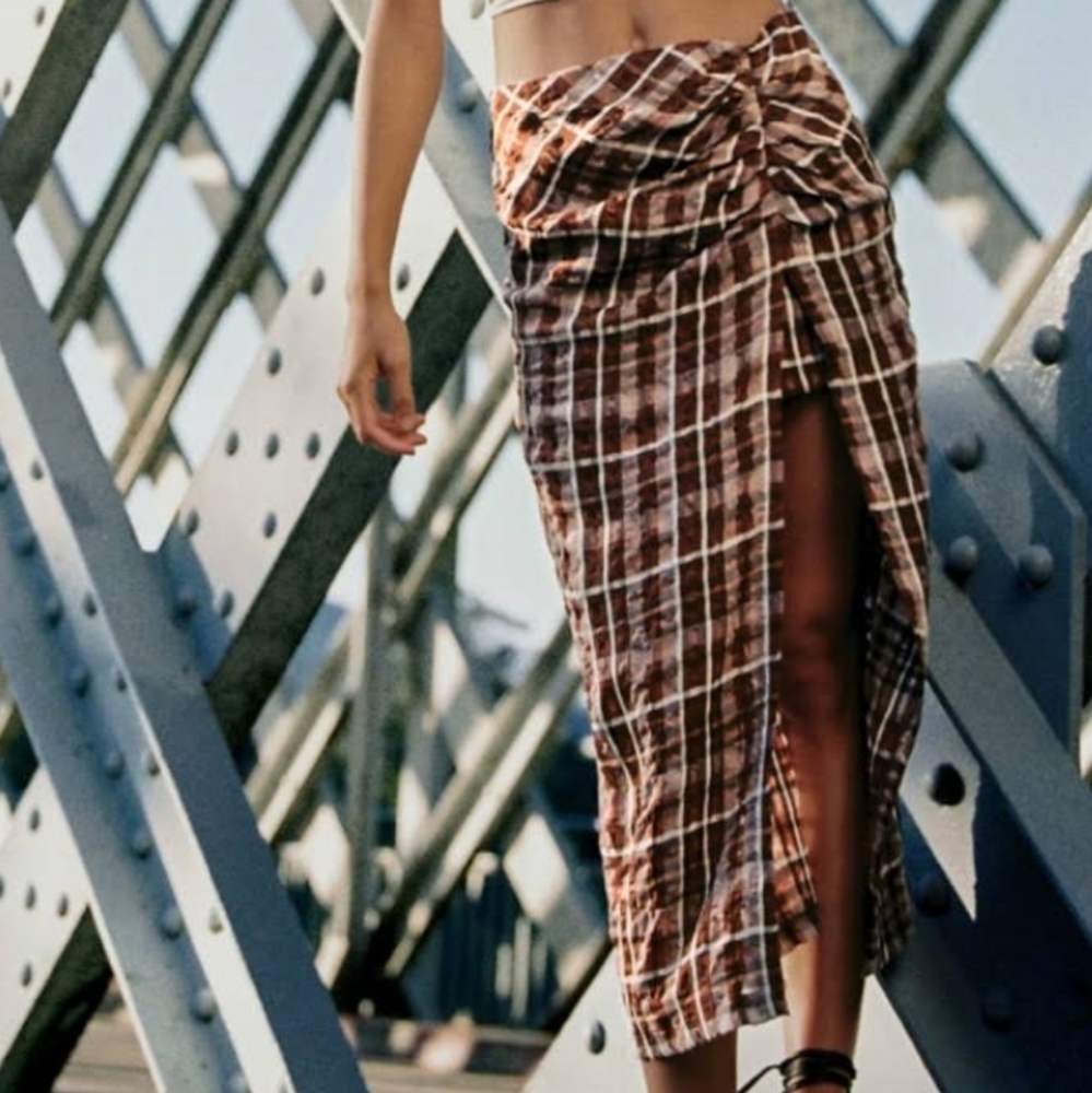Zara check midi skirt, side slit, with liner skirt. NWT